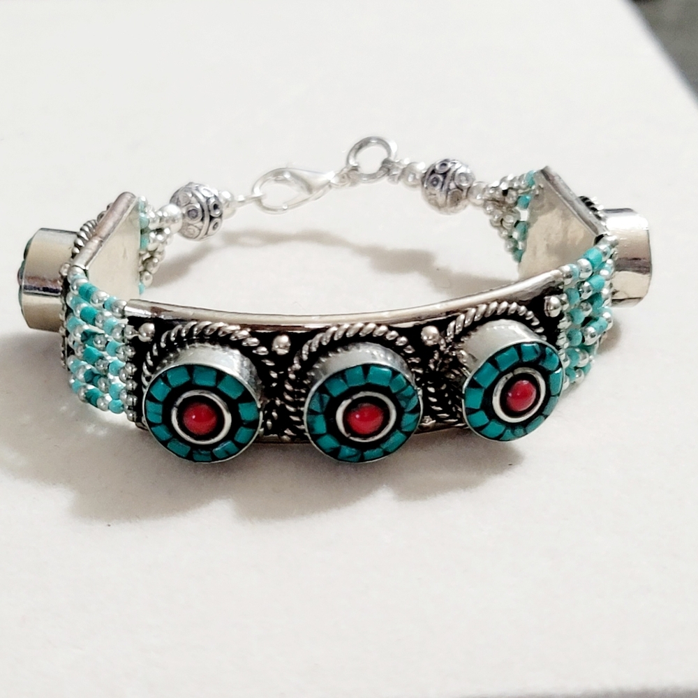 Tibetan Turquoise and Coral Cuff Bracelet 7" Inch